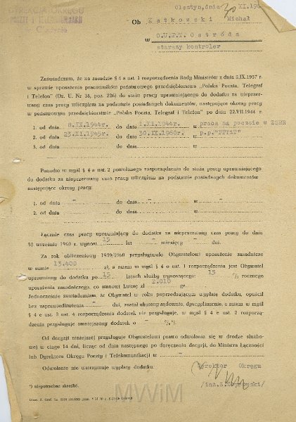 KKE 5573.jpg - Dok. Pismo z Dyrekcji Okręgu Poczt i Telekomunikacji w Olsztynie do Michała Katkowskiego dotyczące dodatku służbowego, Olsztyn, 30 XI 1960 r.